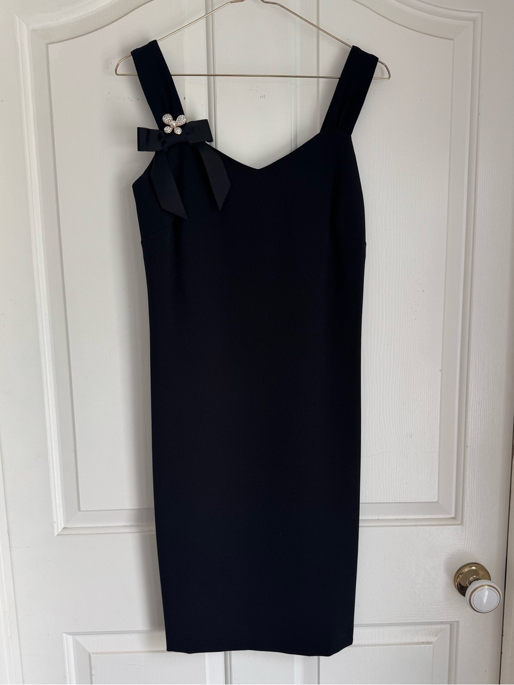 Karl Lagerfeld Paris, little black sheath dress with bow and diamonte accent